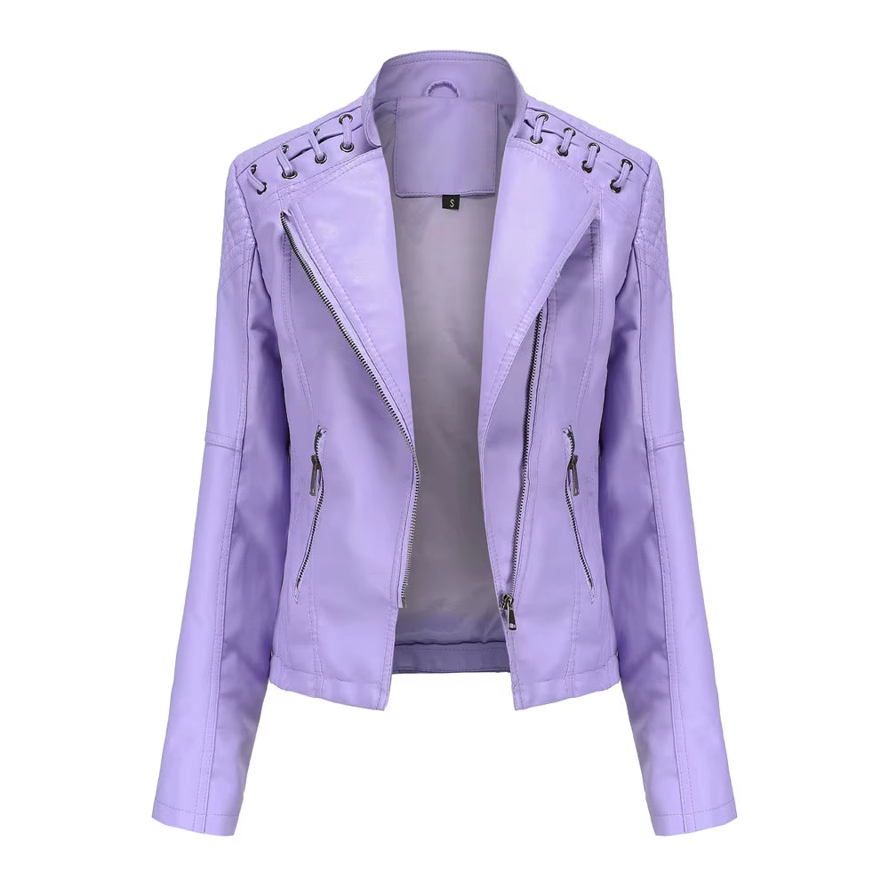 New Spring Autumn Women Faux Leather Jacket Pu Motorcycle Biker Purple Coat Slim Zipper Motorcycles Locomotive Outerwear 4XL
