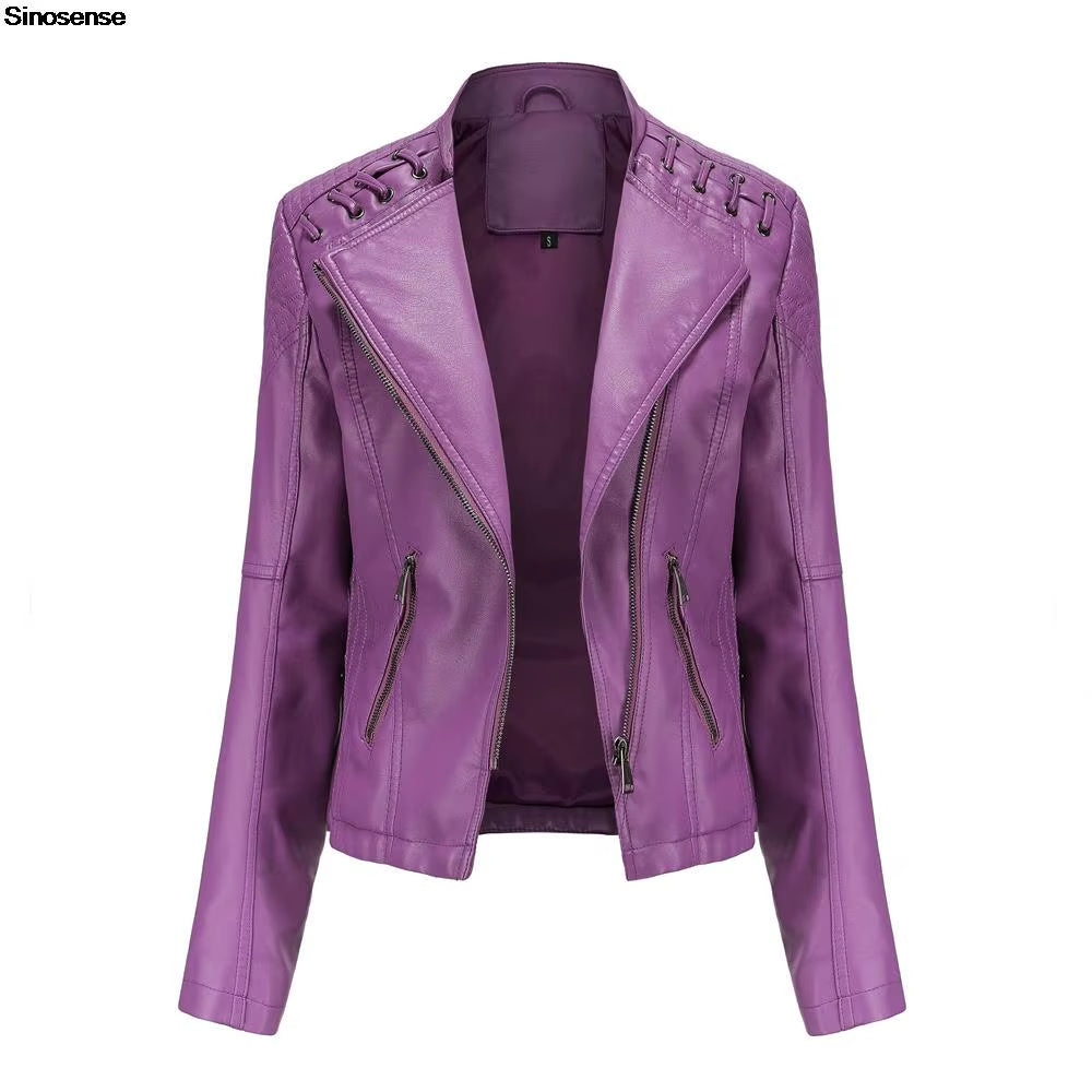 New Spring Autumn Women Faux Leather Jacket Pu Motorcycle Biker Purple Coat Slim Zipper Motorcycles Locomotive Outerwear 4XL