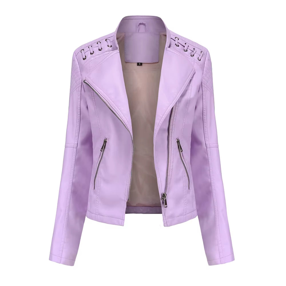 New Spring Autumn Women Faux Leather Jacket Pu Motorcycle Biker Purple Coat Slim Zipper Motorcycles Locomotive Outerwear 4XL